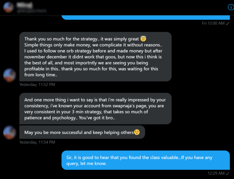 Testimonial chat showing positive feedback.