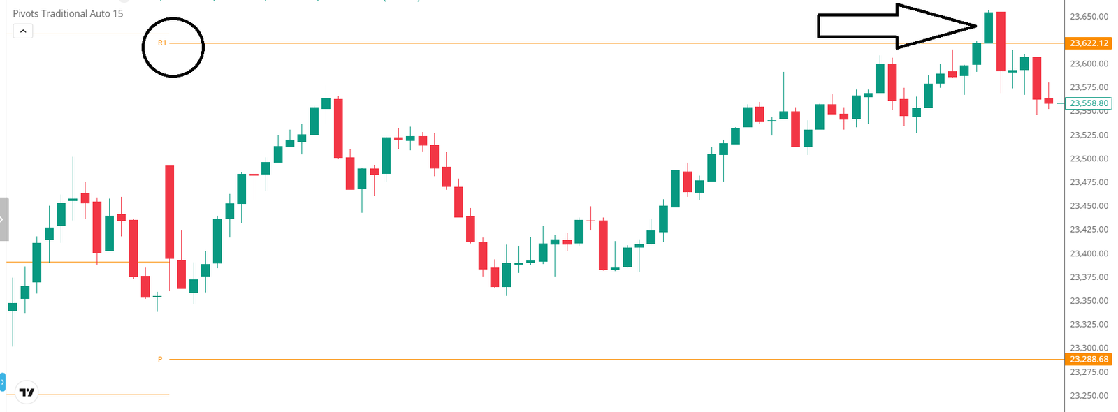Nifty 5 minute chart with Standard Pivot Points highlighting a perfect reversal where the price hits an R1 line and forms a clear reversal candlestick.