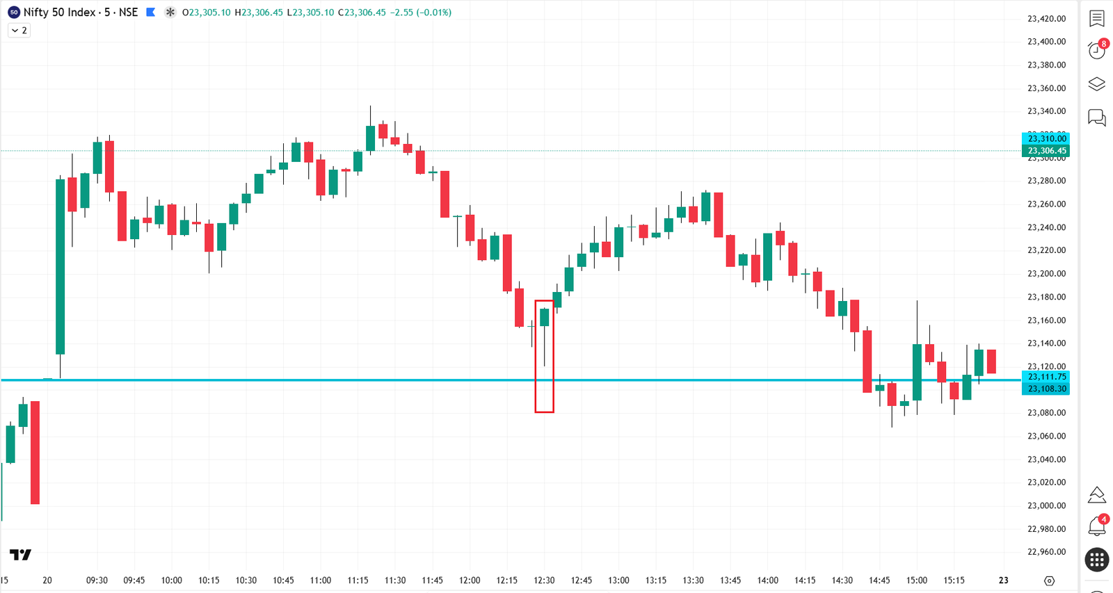 Nifty chart showing a perfect Hammer candle rejecting a major support level, followed by a strong upward reversal.