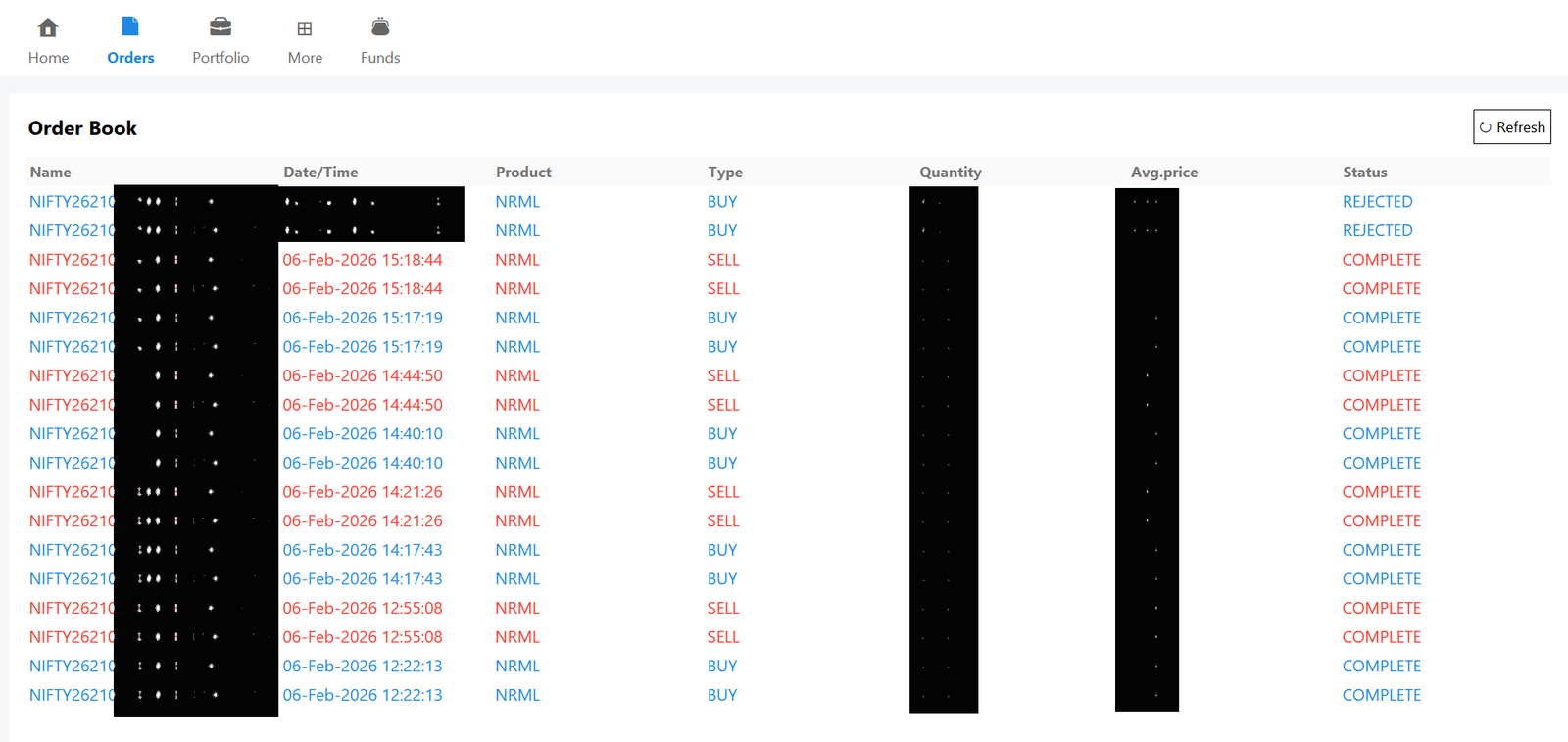 Automated execution log and a clean multi-account trading terminal interface.